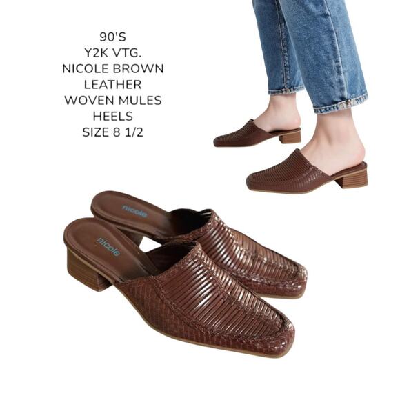 90'S Y2K VTG. BROWN LEATHER NICOLE WOVEN‎ MULES HEELS SZ. 8 1/2 - Picture 1 of 8